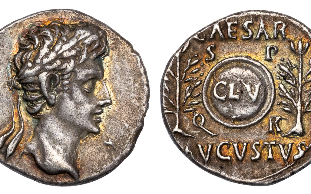 AUGUSTUS SILVER DENARIUS – ISSUE OF SPANISH MINT WITH CLIPEUS VIRTUTIS AND LAUREL BRANCHES SEEMINGLY PEDIGREED TO 1898 – CHOICE XF NGC GRADED ROMAN IMPERIAL COIN OF THE 12 CAESARS (Inv. 18821)