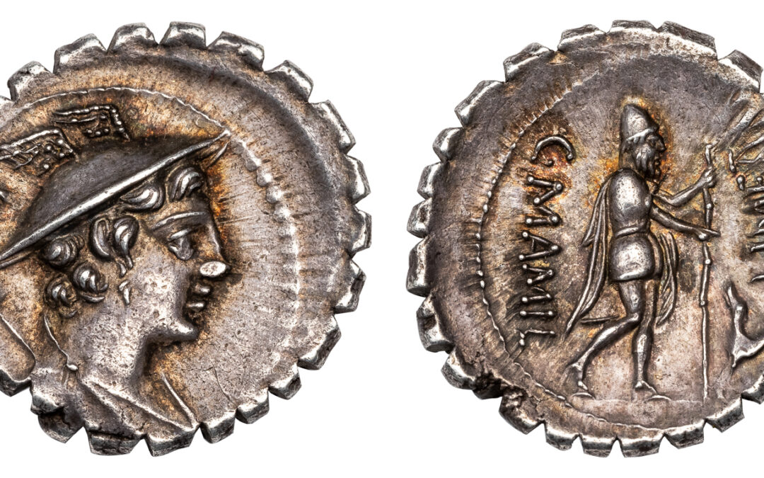 C MAMILIUS LIMETANUS SILVER DENARIUS – ODYSSEUS & ARGOS ISSUE EX BOB GUYNN COLLECTION – AU ROMAN REPUBLIC COIN (Inv. 19381)