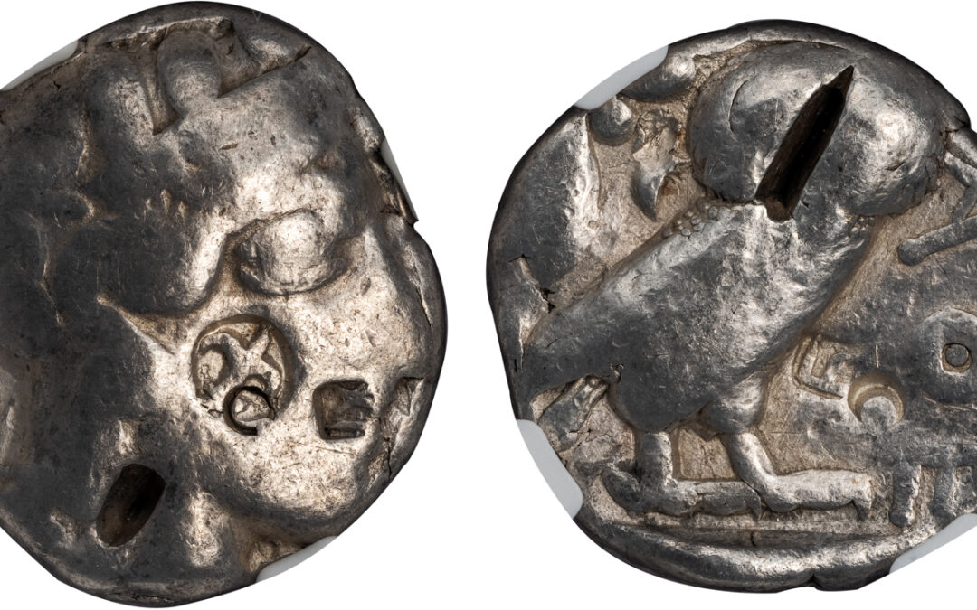 ATHENS SILVER TETRADRACHM – POSSIBLY COUNTERMARKED IN JERUSALEM WITH LILY COUNTERMARK – VG NGC GRADED GREEK JEWISH COIN (Inv. 11845)