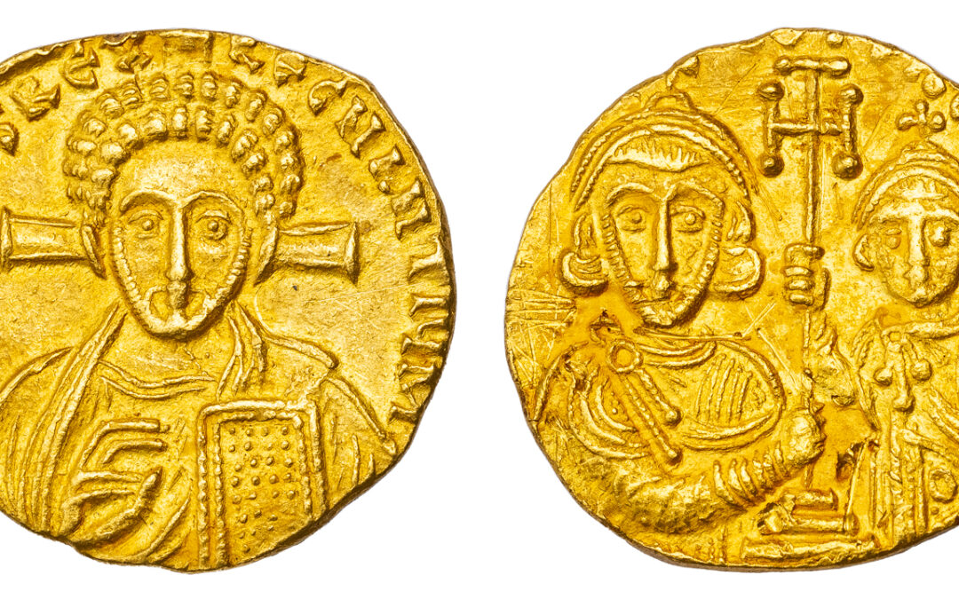 JUSTINIAN II GOLD SOLIDUS – SECOND REIGN ISSUE WITH YOUNG CHRIST AND EMPEROR WITH SON TIBERIUS – CHOICE AU  NGC GRADED BYZANTINE COIN (Inv. 19495)