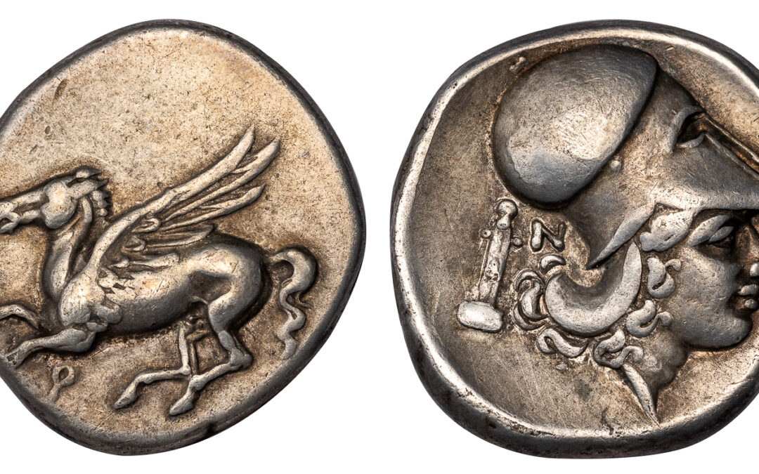 CORINTH SILVER STATER – PEGASUS ISSUE WITH HERM SYMBOL – CHOICE VF 5/5 5/5 NGC GRADED GREEK CORINTHIA COIN (Inv. 18521)