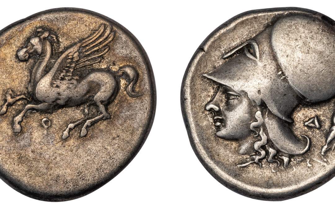 CORINTH SILVER STATER – PEGASUS ISSUE WITH DIONYSUS SYMBOL – VF NGC GRADED GREEK CORINTHIA COIN (Inv. 18523)