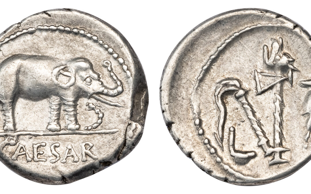 JULIUS CAESAR SILVER DENARIUS – ELEPHANT DENARIUS TYPE – CHOICE XF NGC GRADED ROMAN IMPERATORIAL COIN (Inv. 18889)