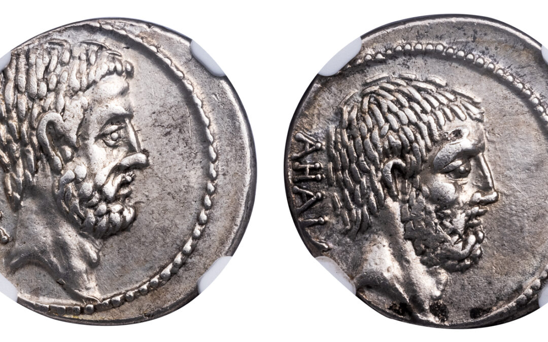 M JUNIUS BRUTUS SILVER DENARIUS – “TYRANT SLAYER” ISSUE OF CAESAR’S MURDERER RECALLING HIS ANCESTRY – XF NGC GRADED ROMAN IMPERATORIAL COIN (Inv. 18951)