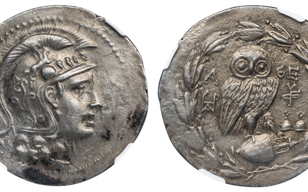 ATHENS NEW STYLE TETRADRACHM – ISSUE OF YEAR 154/3 BC WITH SYMBOL CAPS OF THE DIOSCURII –  CHOICE XF NGC GRADED GREEK ATTICA COIN (Inv. 19100)