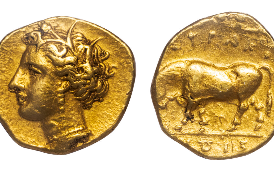 SYRACUSE GOLD 25 LITRAE – ISSUE OF AGATHOCLES WITH PERSEPHONE AND BULL – XF NGC GRADED GREEK SICILY COIN (Inv. 19732)