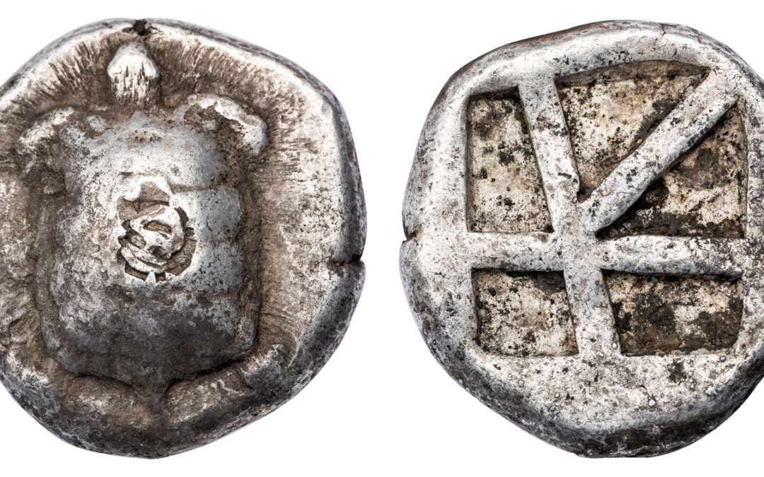 AEGINA SILVER STATER – TORTOISE WITH RARE GORGON HEAD COUNTERMARK – FINE NGC GRADED GREEK COIN (Inv. 19738)