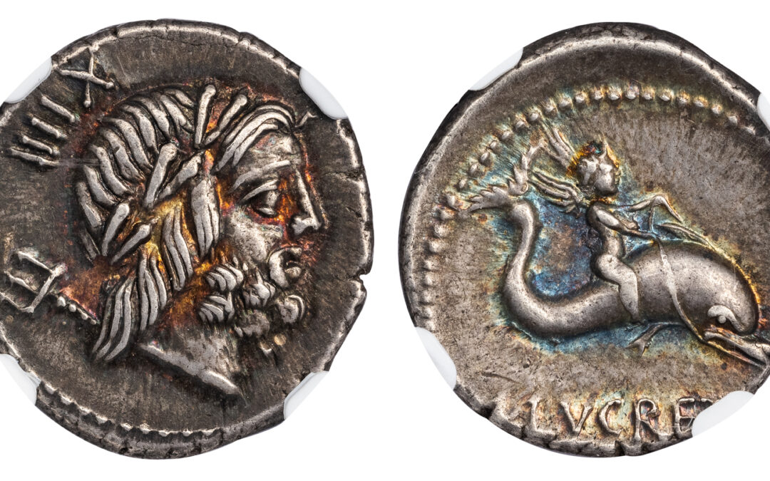 L. LUCRETIUS TRIO SILVER DENARIUS – NEPTURE AND DOLPHIN RIDER ISSUE – STUNNING COLORED SPECIMEN NGC GRADED CHOICE XF ROMAN REPULICAN COIN (Inv. 19775)