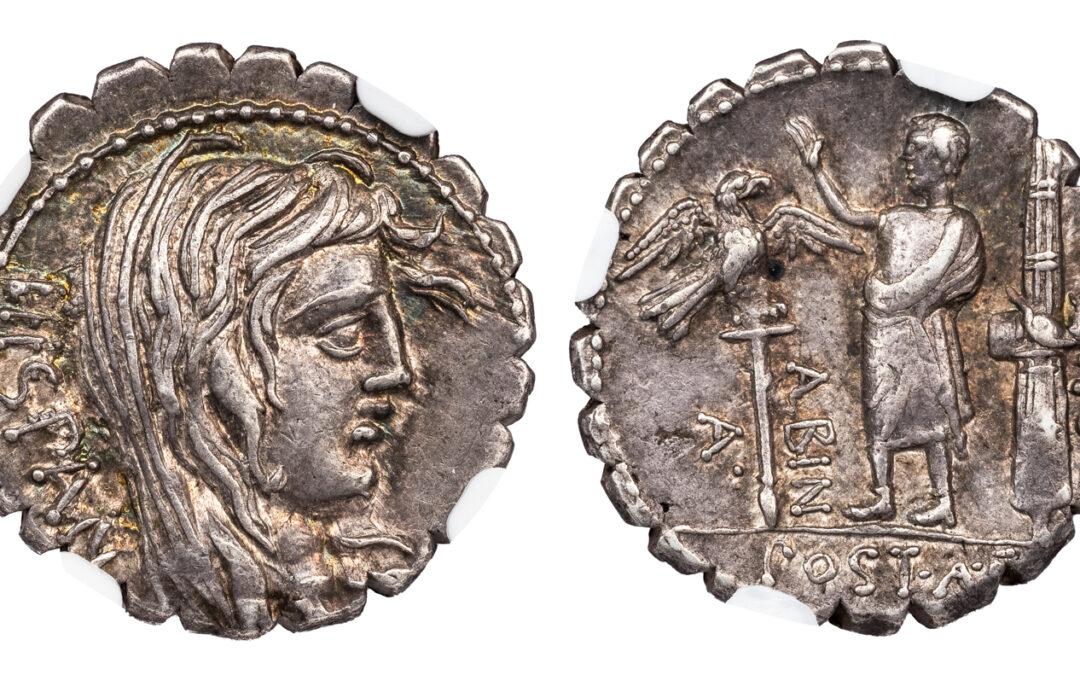 A POSTUMIUS SILVER DENARIUS – ISSUE WITH HEAD OF HISPANIA – CHOICE XF 5/5 5/5 NGC GRADED ROMAN REPUBLICAN COIN (Inv. 19776)