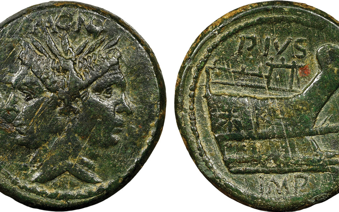 SEXTUS POMPEY BRONZE AS – ISSUE OF SICILY SHOWING JANIFORM HEAD OF POMPEY THE GREAT – XF NGC GRADED ROMAN IMPERATORIAL COIN (Inv. 19777)