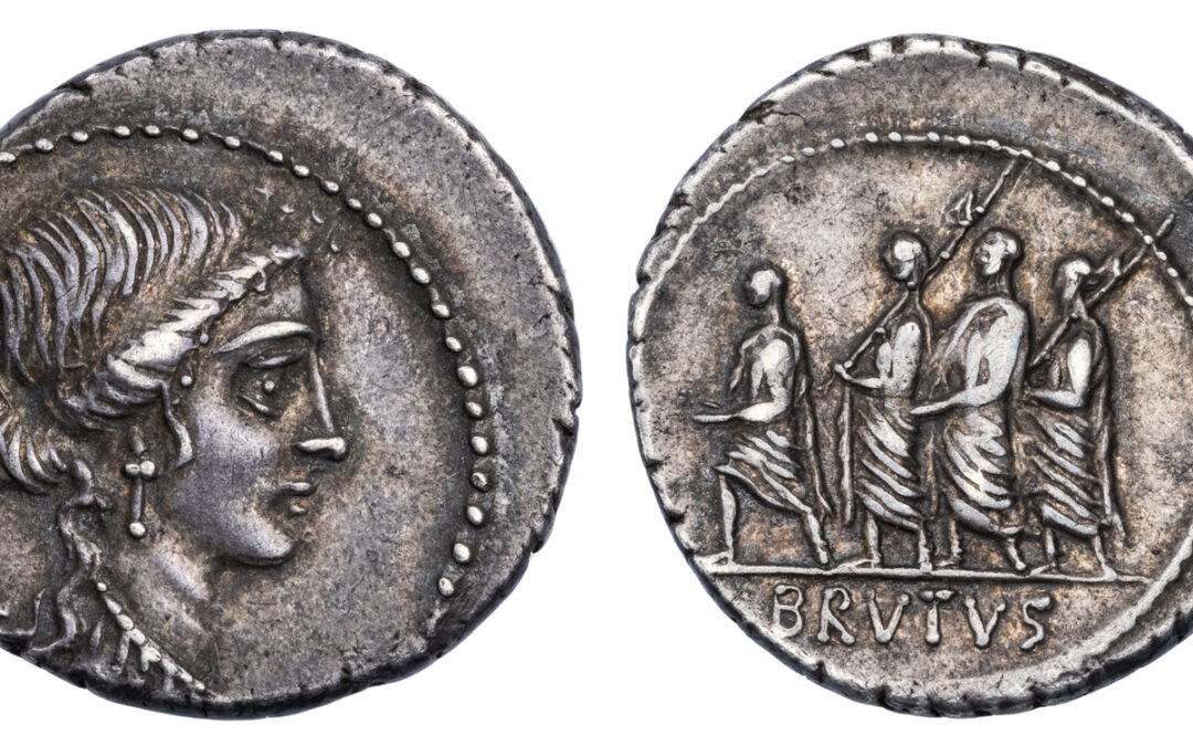 BRUTUS SILVER DENARIUS – LIBERTAS AND LICTORS ISSUE OF 54 BC – CHOICE XF NGC GRADED ROMAN IMPERATORIAL COIN (Inv. 18943)