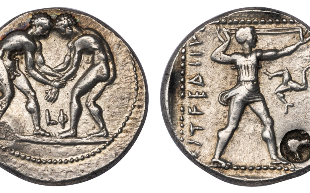 ASPENDUS SILVER STATER – WRESTLERS AND SLINGER ISSUE WITH COUNTERMARK – XF NGC GRADED GREEK PAMPHYLIA COIN (Inv. 19228)