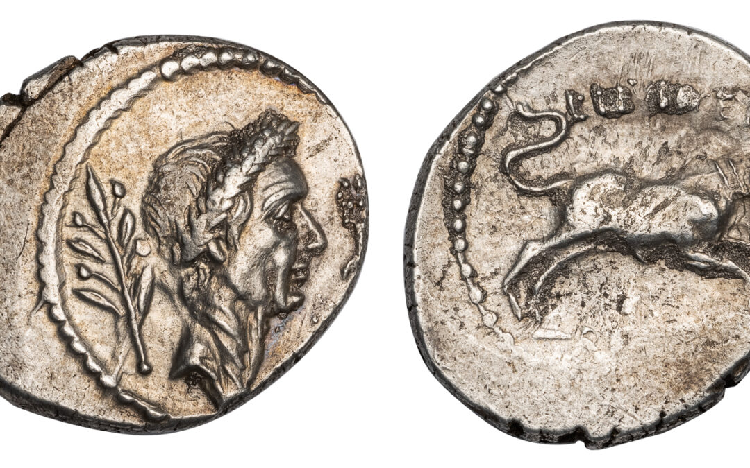 JULIUS CAESAR SILVER DENARIUS – ISSUE OF LIVINEIUS REGULUS WITH BULL – CHOICE XF NGC GRADED ROMAN IMPERATORIAL COIN OF THE 12 CAESARS (Inv. 19231)