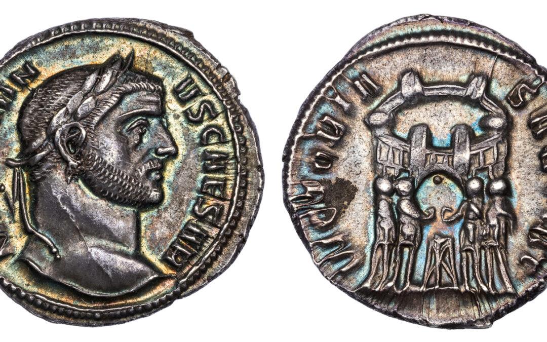 GALERIUS SILVER ARGENTEUS – VICTORIA SARMAT ISSUE OF SISCIA WITH BLUE-GREEN IRIDESCENCE – CHOICE AU STAR NGC GRADED ROMAN IMPERIAL COIN (Inv. 19698)