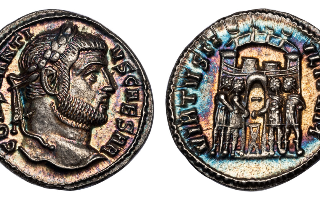 CONSTANTIUS I SILVER ARGENTEUS – ISSUE OF TICINUM WITH AMAZING IRIDESCENCE – CHOICE AU STAR 5-5 5-5 NGC GRADED ROMAN IMPERIAL COIN (Inv. 19699)